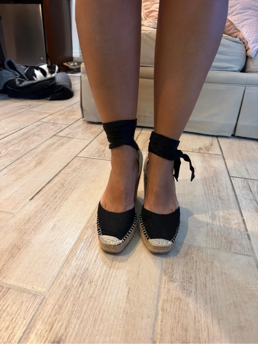 Zara Black Espadrille Wedge Sandals with Natural Trim size 7.5